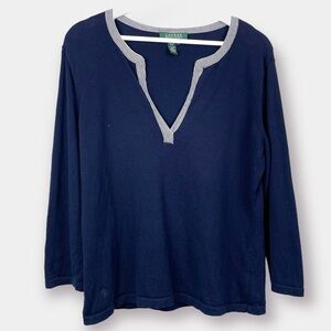 Lauren Ralph Lauren Navy Cream V-Neck Sweater Size Large